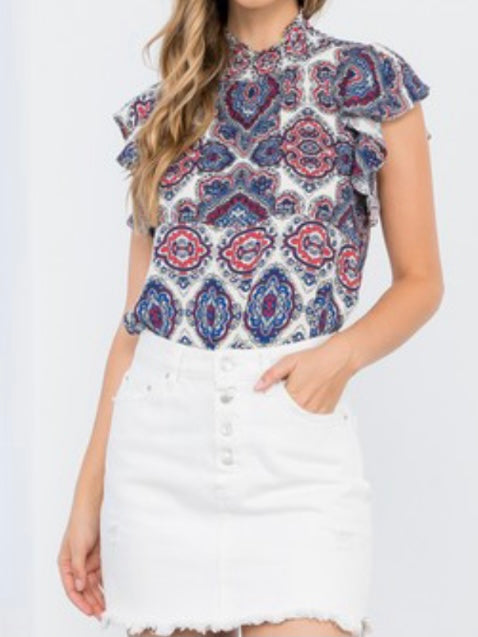 Navy Red Flutter Sleeve Top