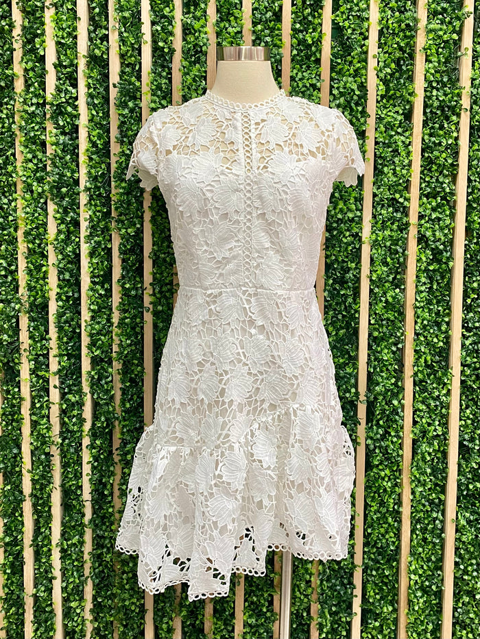 White Round Neck Lace Short Dress