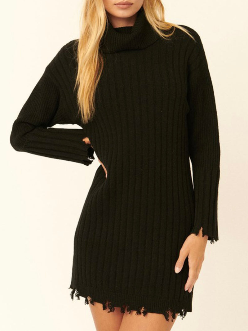 Ribbed Knit Distressed Sweater Dress