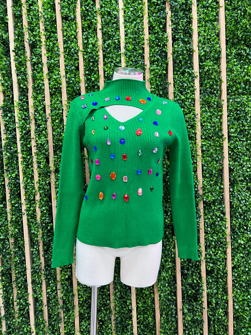 Green Stone Detail Cutout Neckline Sweater