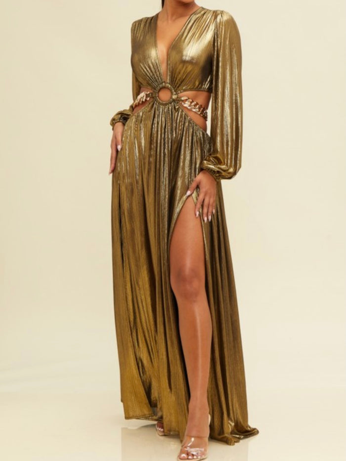 Bronze Metallic Chain Gown Maxi