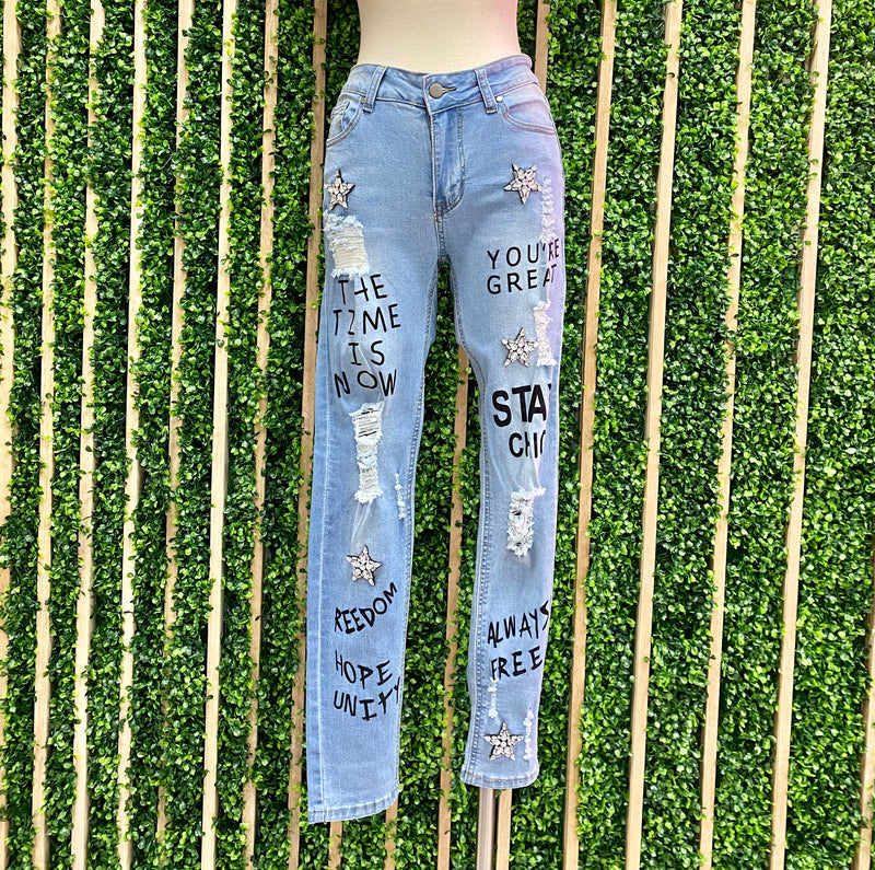 Stars Embellished Skinny Denim