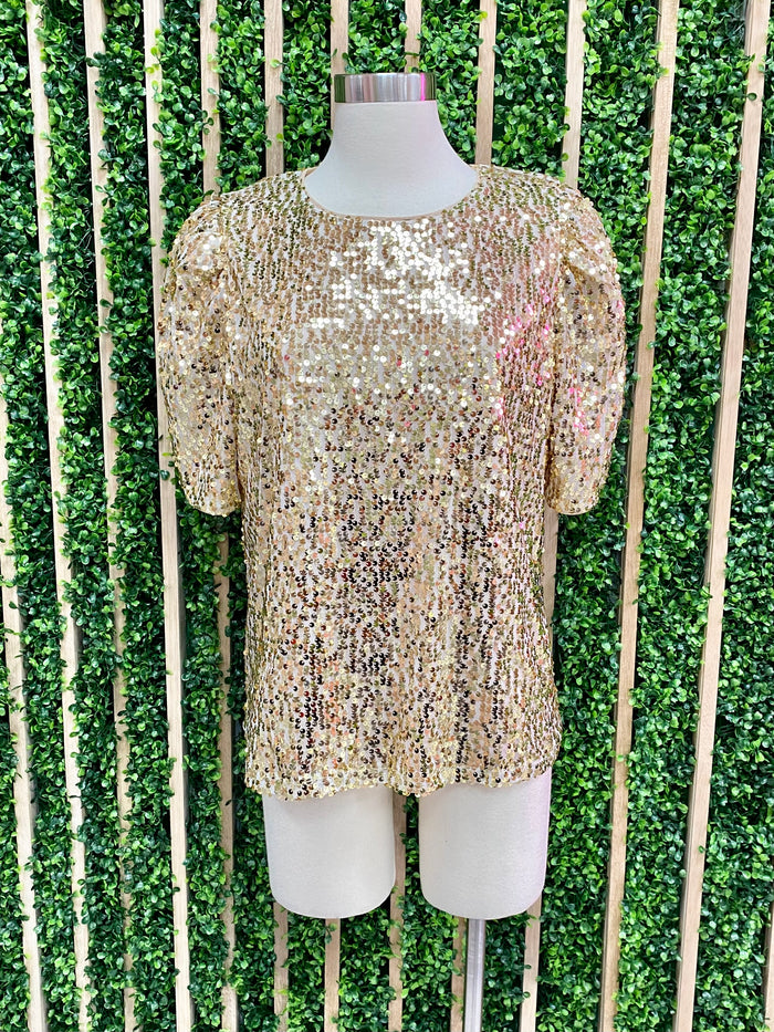 Round Neck Sequin Puff Shoulder Top