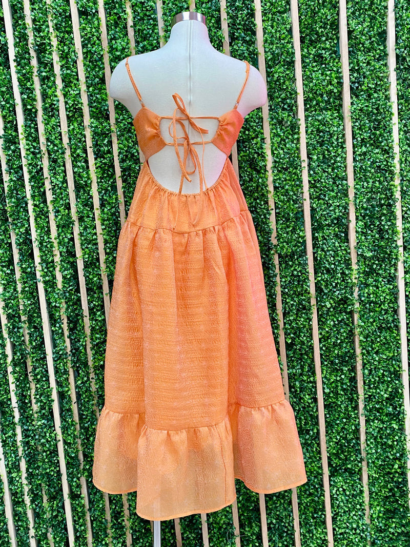 Exquisite Orange Floral Textured Midi Dress