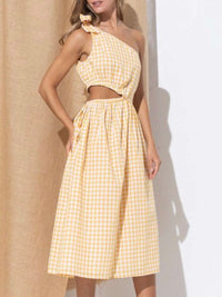 Yellow Plaid Cutout One Shoulder Midi Dress