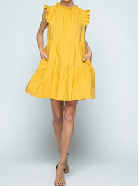 Mustard Tiered Ruffle Neck Shift Dress