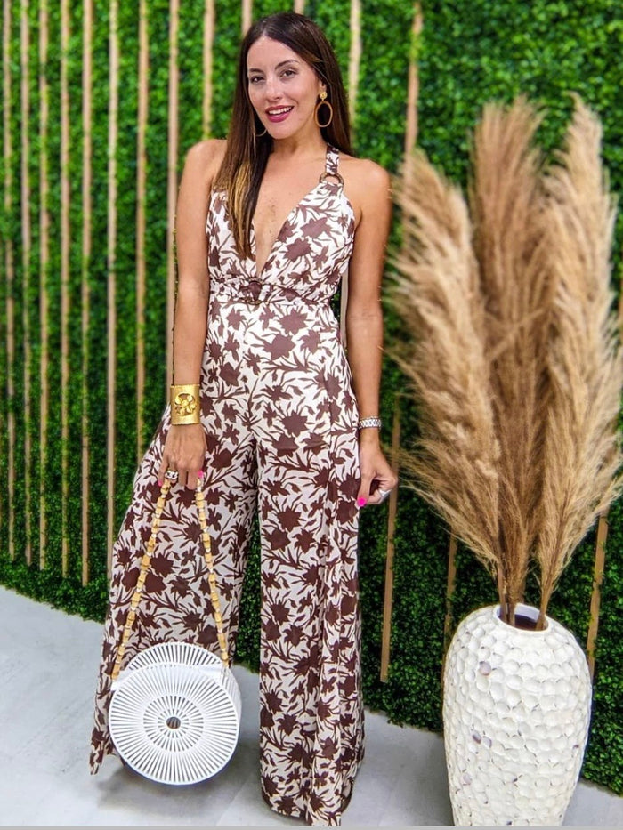 Neutral Tropical Print Halter Jumpsuit