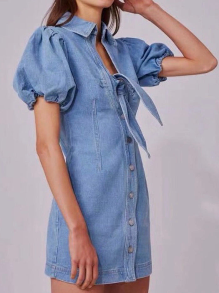 Denim Bowknot Puff Sleeve Mini Dress