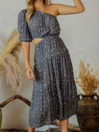 Charcoal Dots One Shoulder Maxi