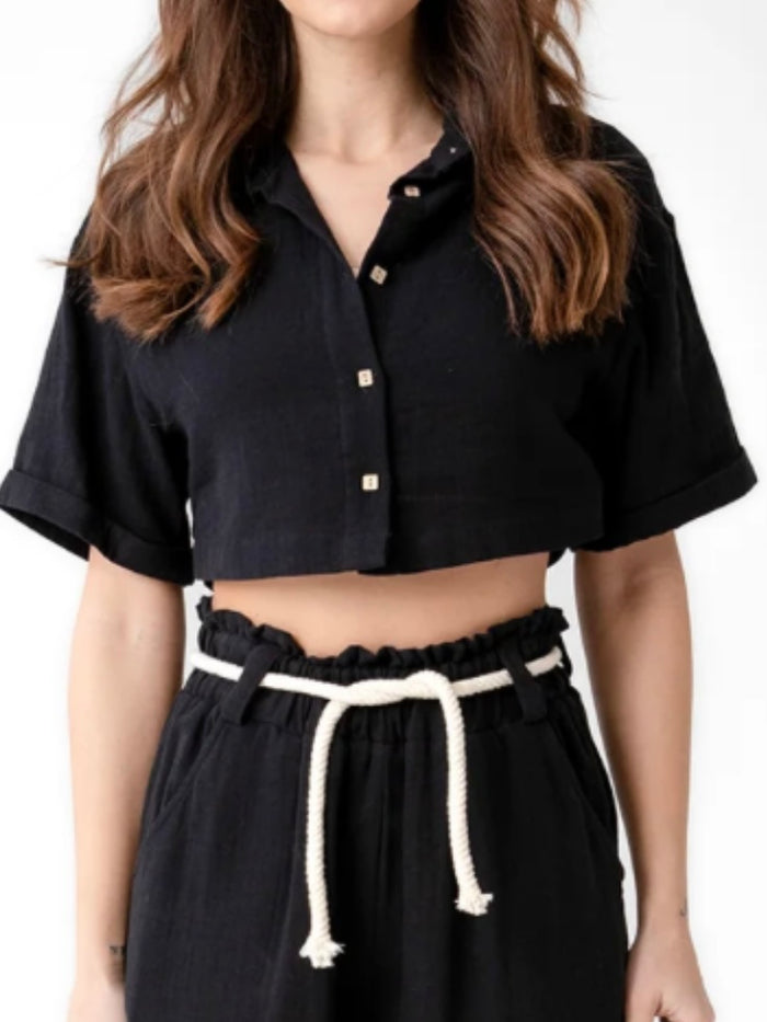 Boho Black Short Button Down Crop Top