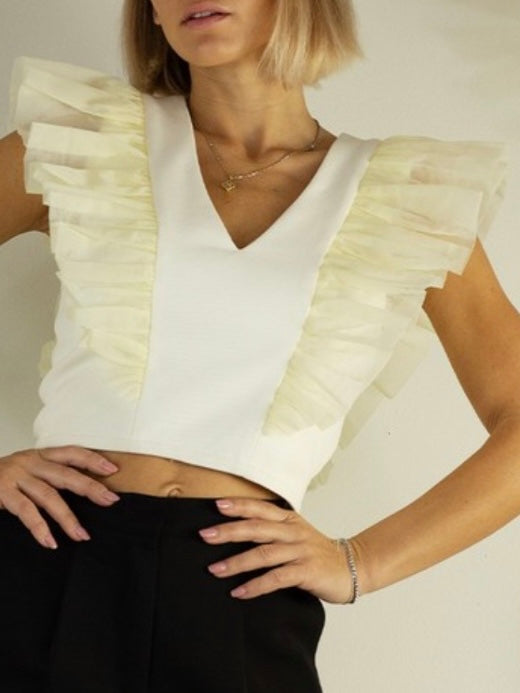 Cream ORganza Ruffle V Neck Top