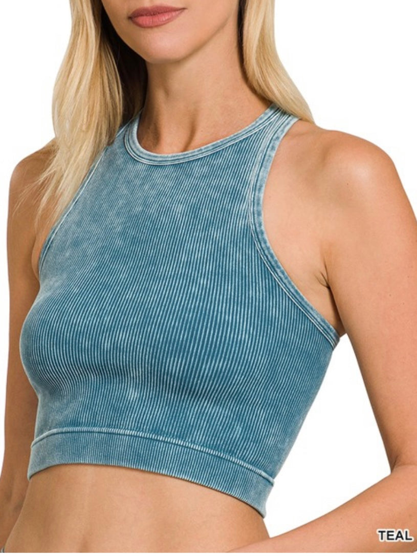 Washed Ribbed High Neck Cropped Basic