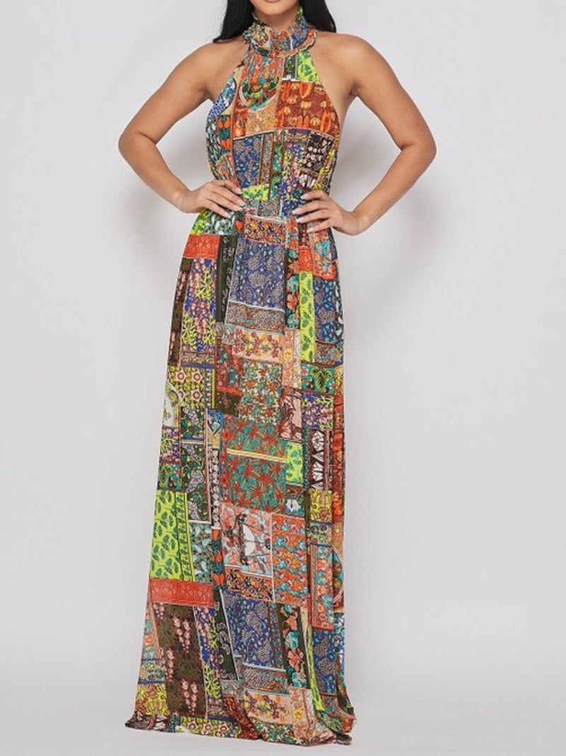 Patchwork Halter Maxi Dress