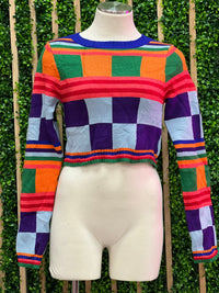 Multi Color Square Color Block Crop Sweater