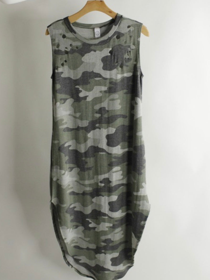 Distressed Sleeveless Camo Dress