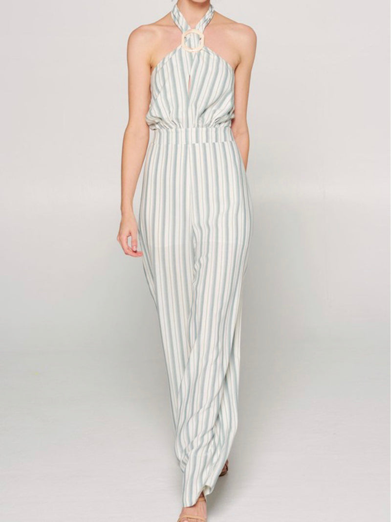 Green Striped Halter Jumpsuit