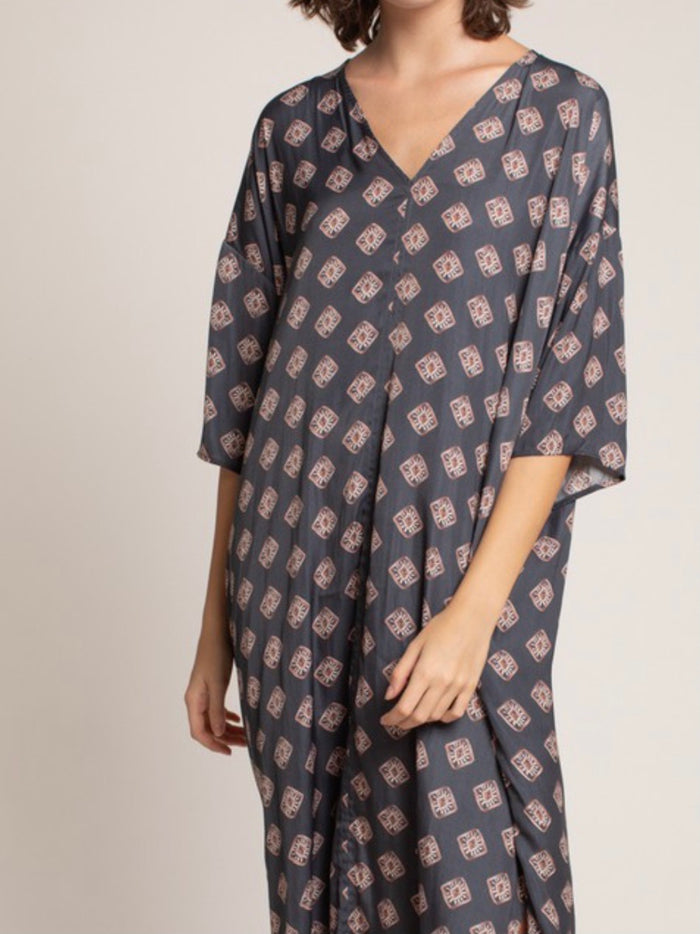 Square Print V Neck Midi Dress