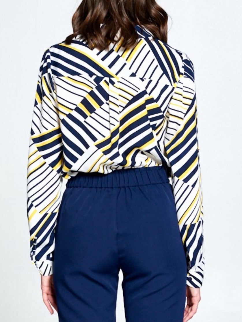 Navy Yellow Geo Button Down Blouse