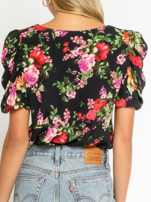 Black Floral Puff Sleeve Top