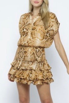 Mustard Snakeprint Smocked Mini Dress