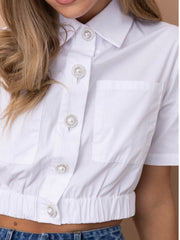 White Short Sleeve Button Up Crop Shirt