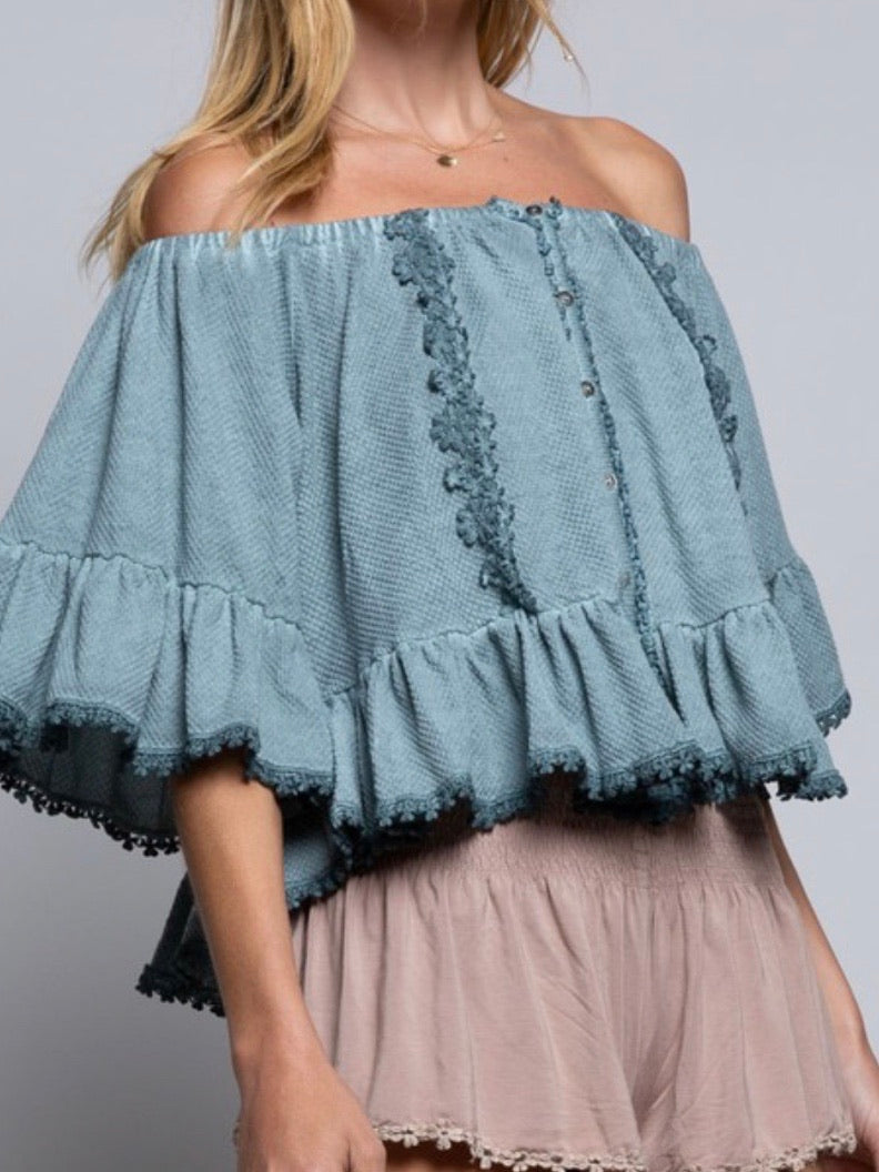 Blue Sage Flared Off Shoulder Top