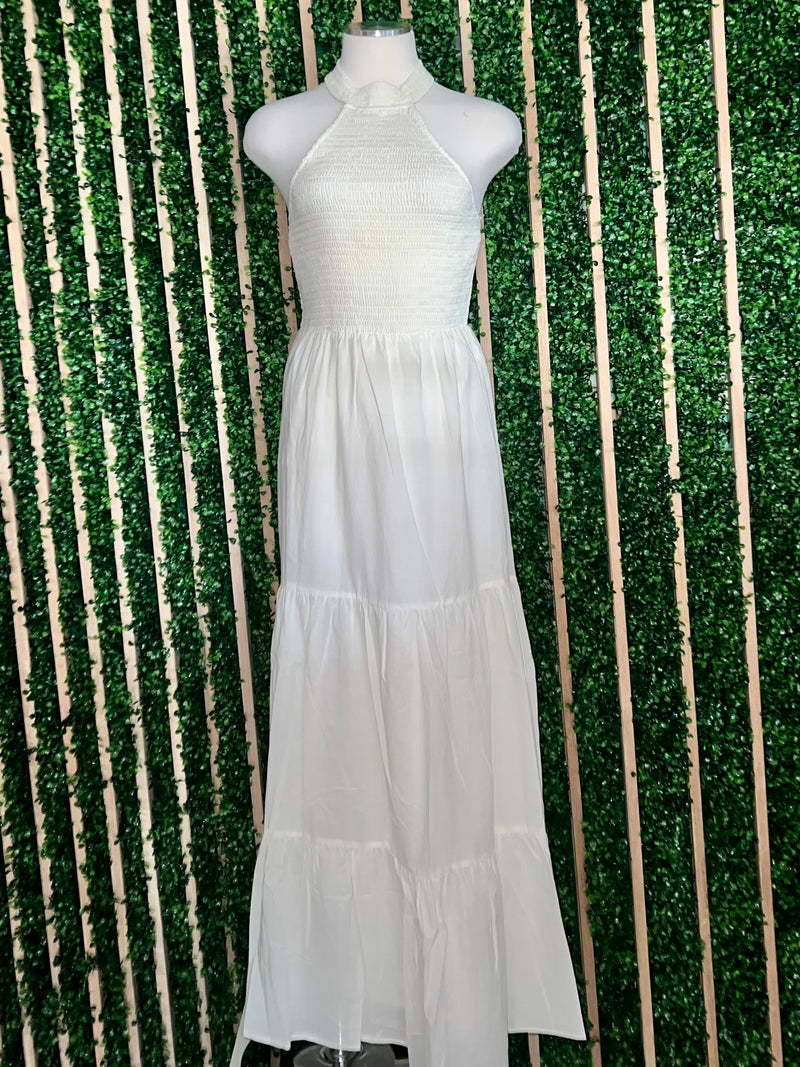 White Smocked Halter Maxi Dress