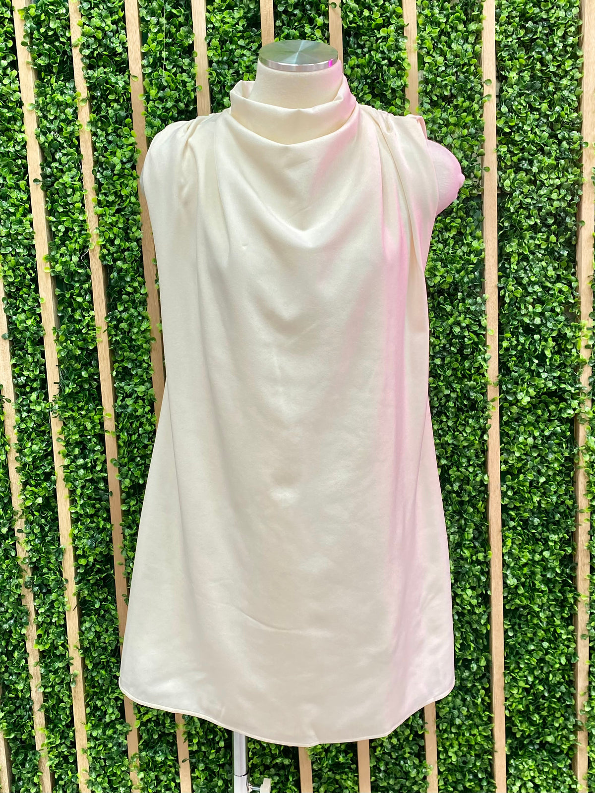 Elegant Cream Satin Cowl Neck SHift Dress