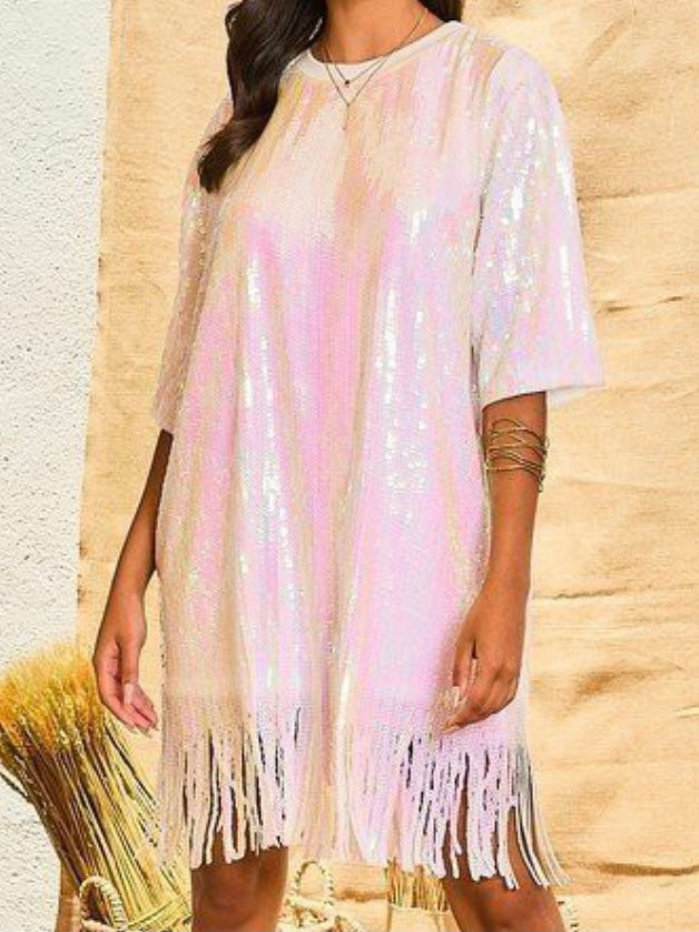 White Sequin Shirt Dress