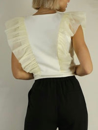 Cream ORganza Ruffle V Neck Top