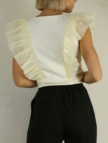 Cream ORganza Ruffle V Neck Top