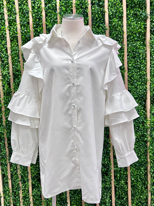 White Ruffled Sleeve Button Down Dress