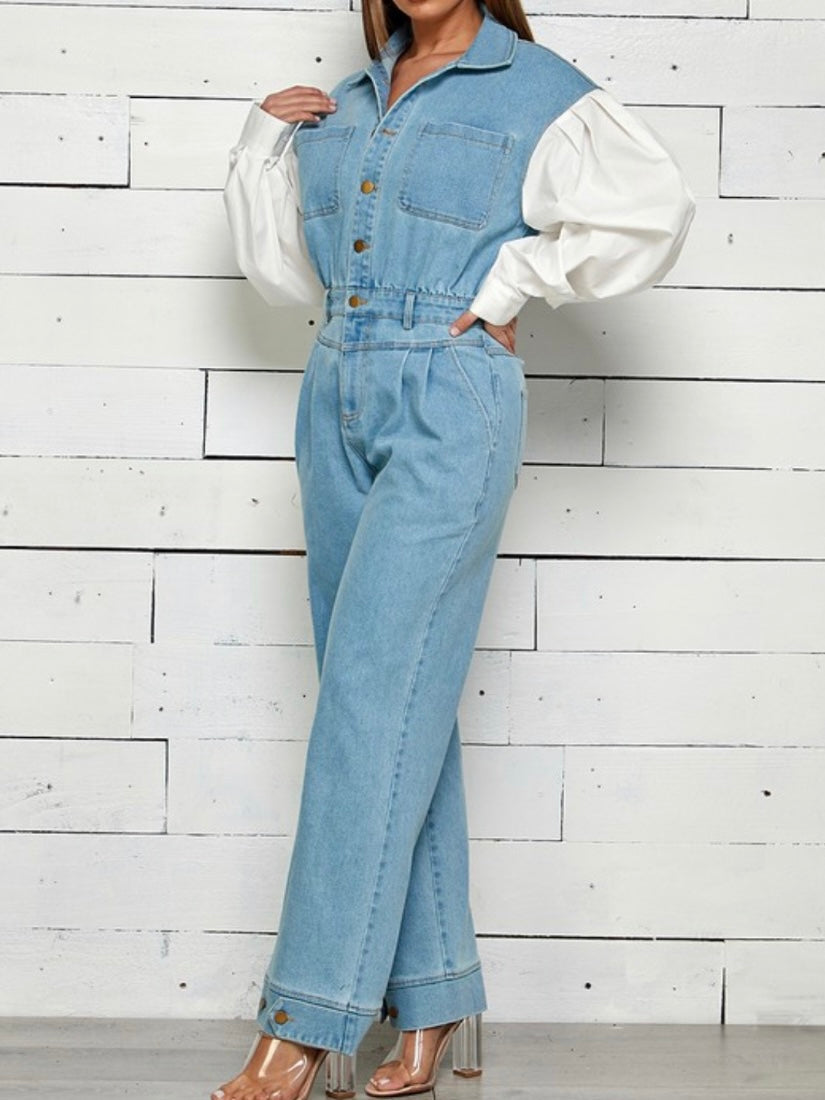 Contrast Sleeve Denim Jumpsuit