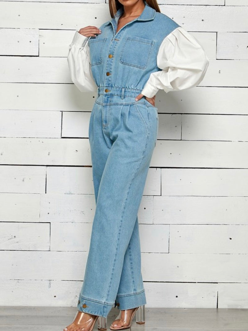 Contrast Sleeve Denim Jumpsuit