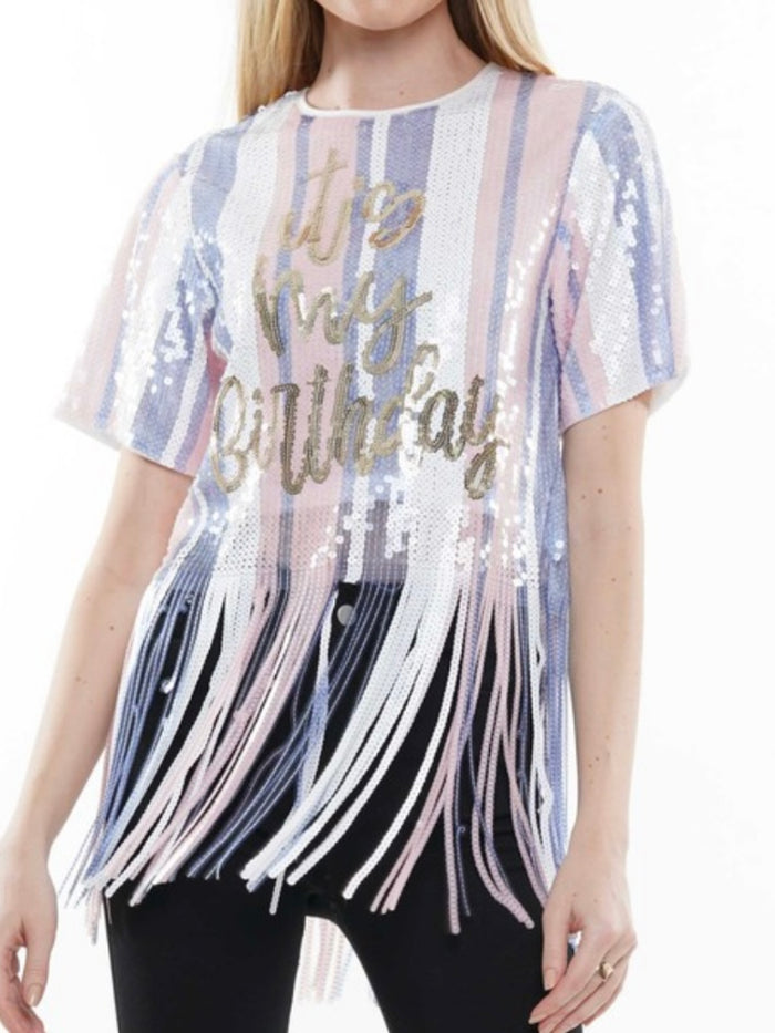 Multi Stripe Sequin Birthday Fringe Top