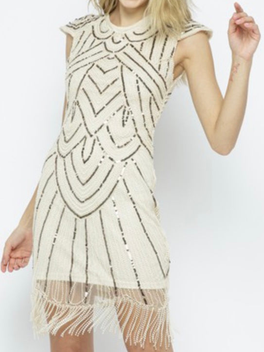 Cream Sequin Bodycon Dress with Fringe