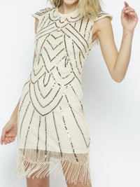 Cream Sequin Bodycon Dress with Fringe