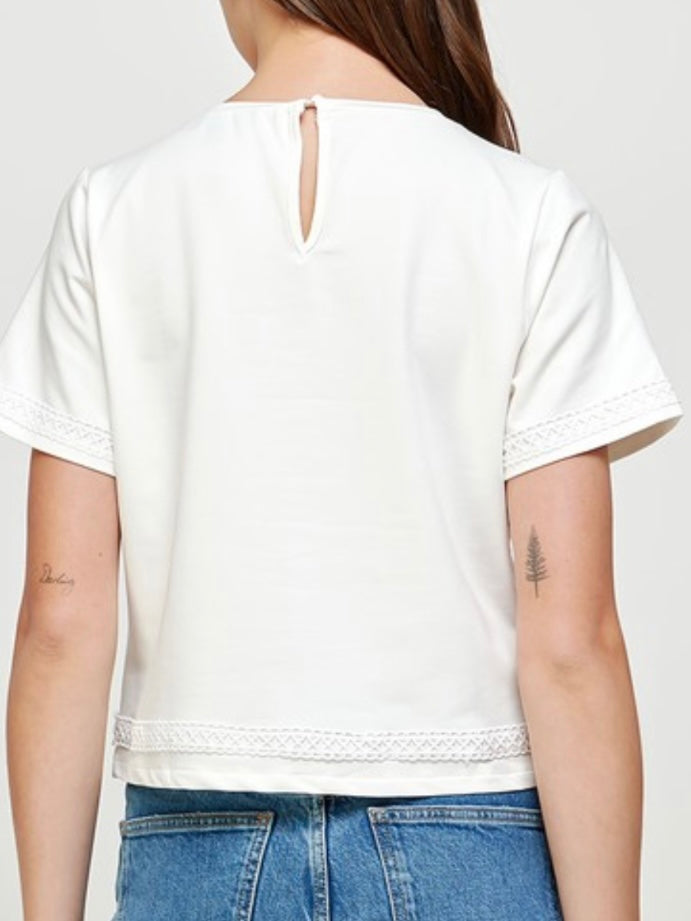 White Crochet Lace Trim Tee Top