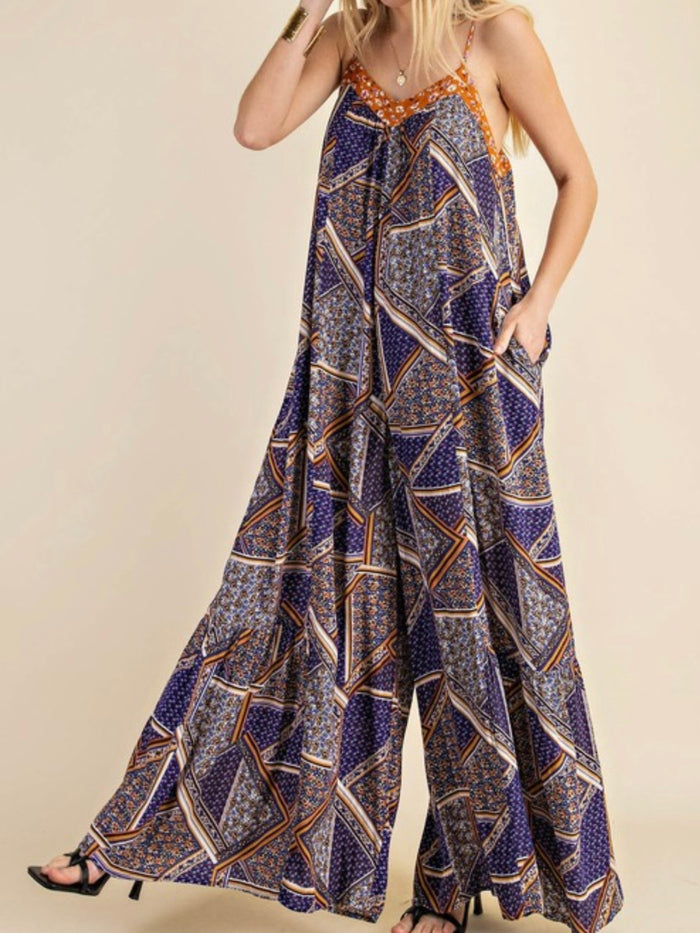 Blue Multi Scarf Print Loose Fit Jumpsuit