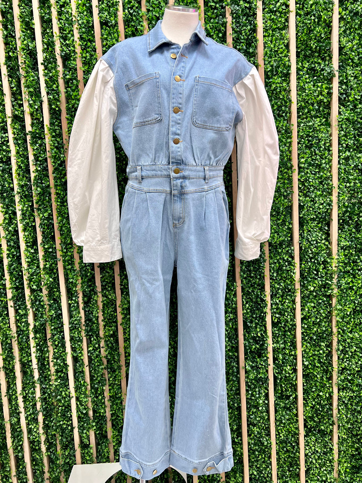 Contrast Sleeve Denim Jumpsuit