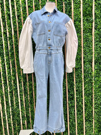 Contrast Sleeve Denim Jumpsuit