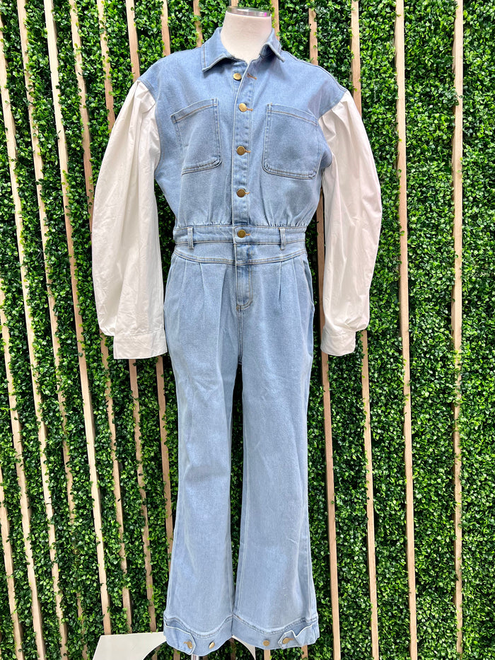 Contrast Sleeve Denim Jumpsuit
