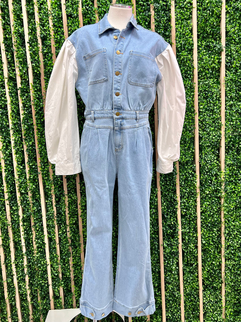 Contrast Sleeve Denim Jumpsuit
