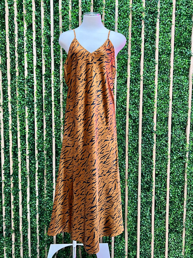 Rust Animal Print Satin Midi Dress