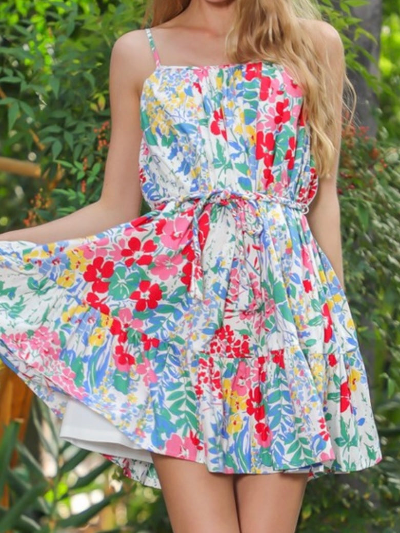 Multi Floral Strappy Tiered Short Dress