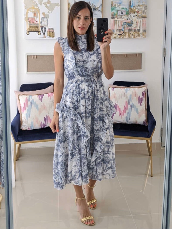 Boho Print Sleveless Ruffle Neck Midi Dress