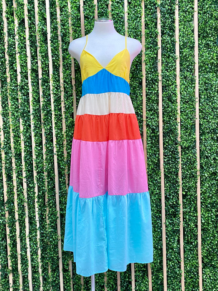 Color Block V Neck Maxi Dress