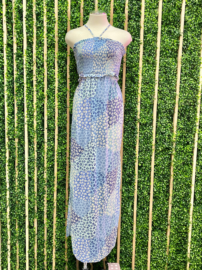 Blue Floral Smocked Halter Maxi