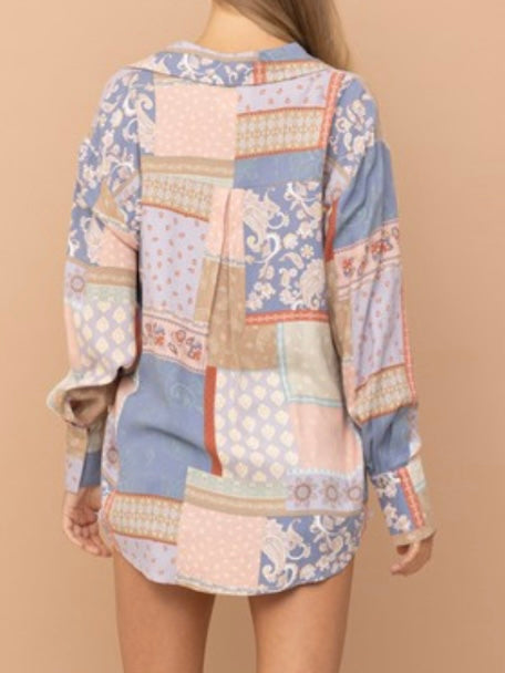 Denim Mauve Patchwork Button Down Blouse