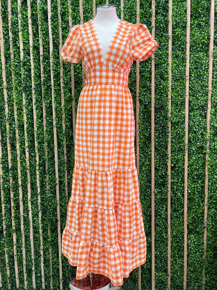 Orange Gingham Open Back Maxi Dress